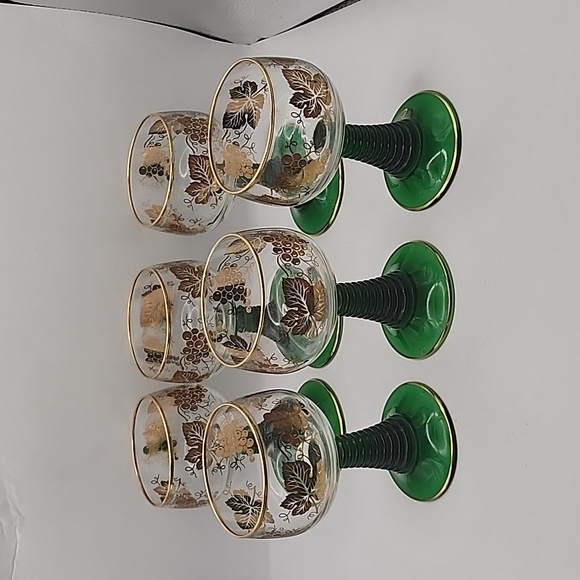 Vintage Bockling Green Stem Glass Goblets w/ Grapes & Leaves in Gold 6 Count - Picture 3 of 12